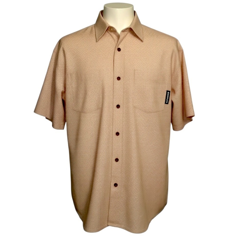 Patagonia Men's Gingham Short Sleeve Shirt Peach White L Vented Mesh Lined Hike